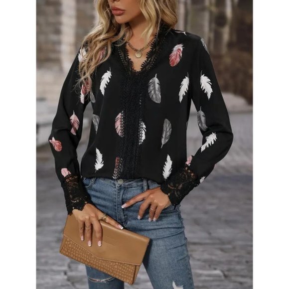 Tops - Boho Southwestern V-Neck Feather Pattern Long Sleeve Blouse Black Multicolor